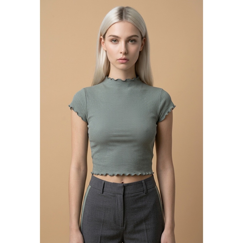 Zenana Women Sage Green Ribbed Mock Neck Lettuce Edge Crop Top CST-3414 Small